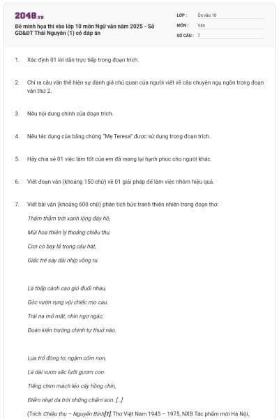 Đề minh họa thi vào lớp 10 môn Ngữ văn năm 2025 - Sở GD&ĐT Thái Nguyên (1) có đáp án