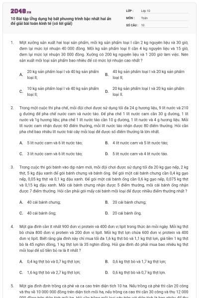 10 Bài tập Ứng dụng hệ bất phương trình bậc nhất hai ẩn để giải bài toán kinh tế (có lời giải)