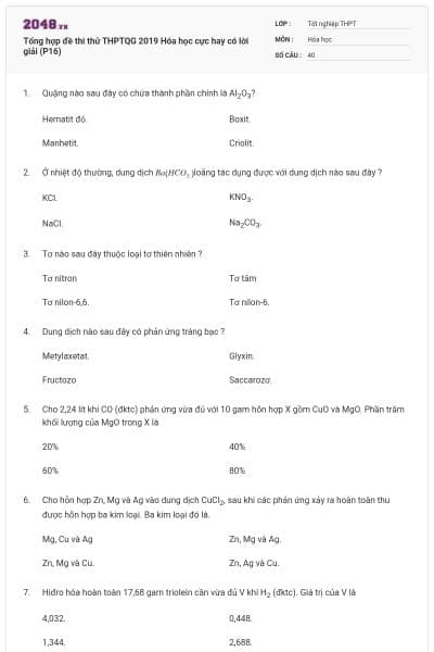Tổng hợp đề thi thử THPTQG 2019 Hóa học cực hay có lời giải (P16)