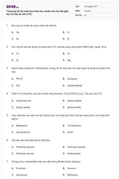Tổng hợp đề thi minh họa Hóa Hoc chuẩn cấu trúc Bộ giáo dục có đáp án (đề số 8)