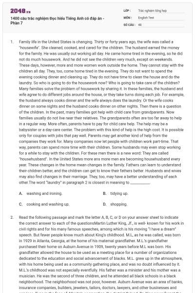 1400 câu trắc nghiệm Đọc hiểu Tiếng Anh có đáp án - Phần 7