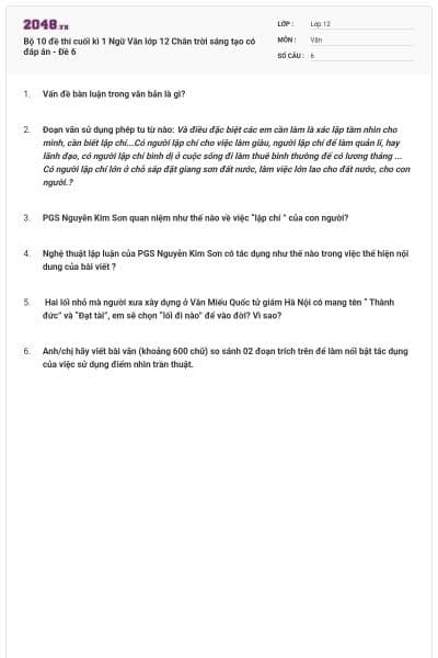 Bộ 10 đề thi cuối kì 1 Ngữ Văn lớp 12 Chân trời sáng tạo có đáp án - Đề 6