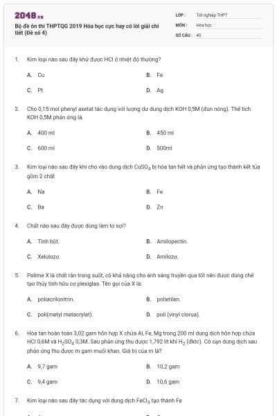 Bộ đề ôn thi THPTQG 2019 Hóa học cực hay có lời giải chi tiết (Đề số 4)