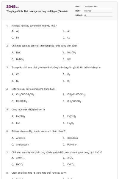 Tổng hợp đề thi Thử Hóa học cực hay có lời giải (Đề số 4)