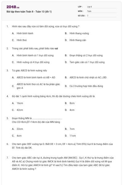Bài tập theo tuần Toán 8 - Tuần 13 (đề 1)