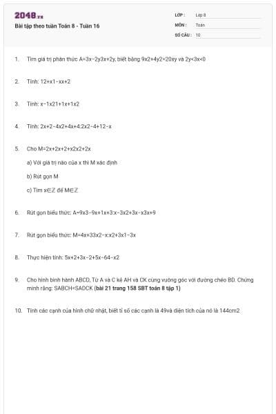 Bài tập theo tuần Toán 8 - Tuần 16