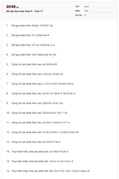 Bài tập theo tuần Toán 8 - Tuần 17