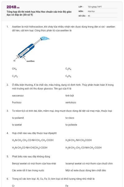 Tổng hợp đề thi minh họa Hóa Hoc chuẩn cấu trúc Bộ giáo dục có đáp án (đề số 9)