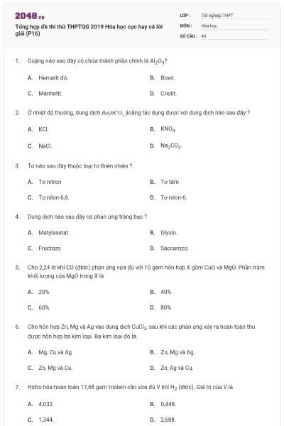 Tổng hợp đề thi thử THPTQG 2019 Hóa học cực hay có lời giải (P16)