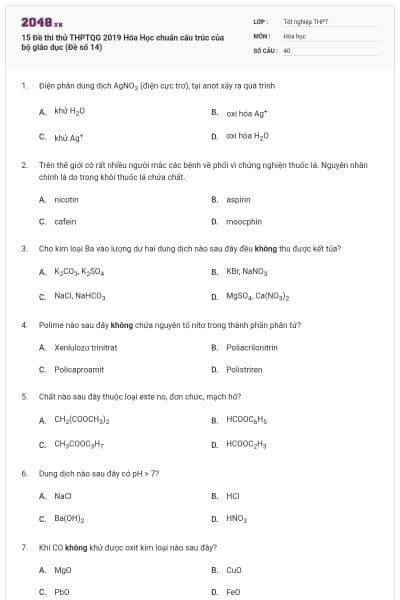 15 Đề thi thử THPTQG 2019 Hóa Học chuẩn cấu trúc của bộ giáo dục (Đề số 14)