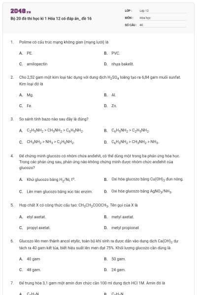 Bộ 20 đề thi học kì 1 Hóa 12 có đáp án_ đề 16