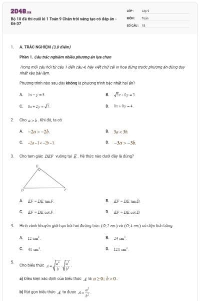 Bộ 10 đề thi cuối kì 1 Toán 9 Chân trời sáng tạo có đáp án - Đề 07