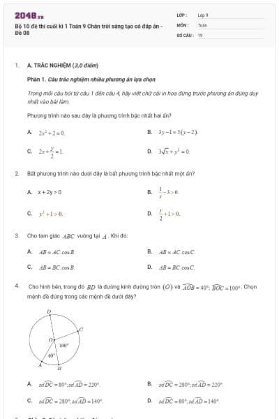 Bộ 10 đề thi cuối kì 1 Toán 9 Chân trời sáng tạo có đáp án - Đề 08