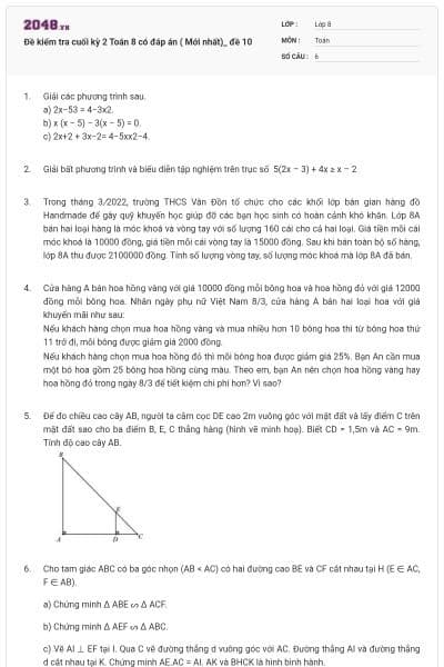 Đề kiểm tra cuối kỳ 2 Toán 8 có đáp án ( Mới nhất)_ đề 10