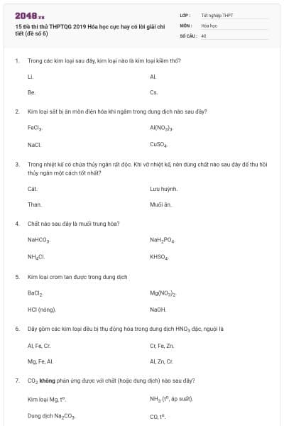 15 Đề thi thử THPTQG 2019 Hóa học cực hay có lời giải chi tiết (đề số 6)