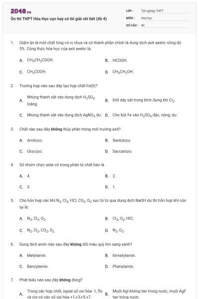 Ôn thi THPT Hóa Học cực hay có lời giải chi tiết (đề 4)