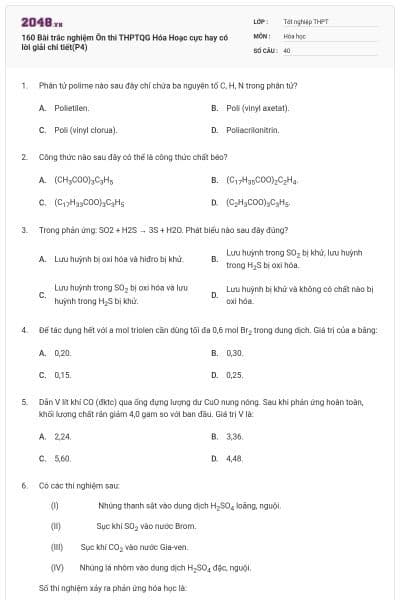 160 Bài trắc nghiệm Ôn thi THPTQG Hóa Hoạc cực hay có lời giải chi tiết(P4)