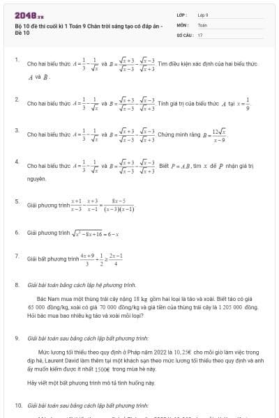 Bộ 10 đề thi cuối kì 1 Toán 9 Chân trời sáng tạo có đáp án - Đề 10
