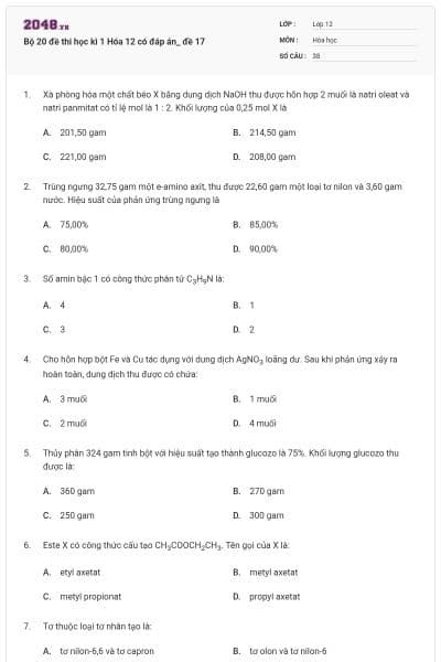 Bộ 20 đề thi học kì 1 Hóa 12 có đáp án_ đề 17