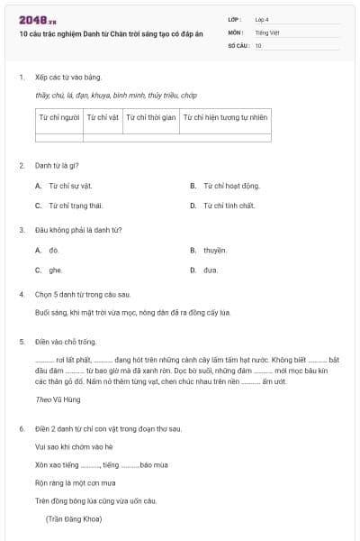 10 câu trắc nghiệm Danh từ Chân trời sáng tạo có đáp án
