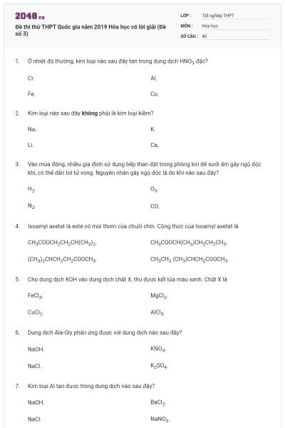 Đề thi thử THPT Quốc gia năm 2019 Hóa học có lời giải (Đề số 3)