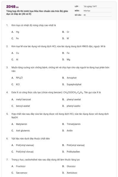 Tổng hợp đề thi minh họa Hóa Hoc chuẩn cấu trúc Bộ giáo dục có đáp án (đề số 8)