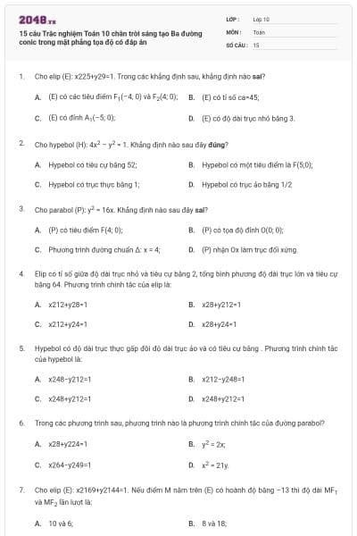 15 câu  Trắc nghiệm Toán 10 chân trời sáng tạo Ba đường conic trong mặt phẳng tọa độ có đáp án