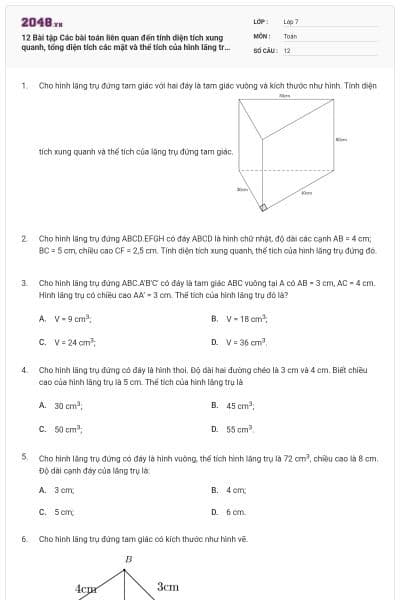 12 Bài tập Các bài toán liên quan đến tính diện tích xung quanh, tổng diện tích các mặt và thể tích của hình lăng trụ đứng tam giác, hình lăng trụ đứng tứ giác (có lời giải)