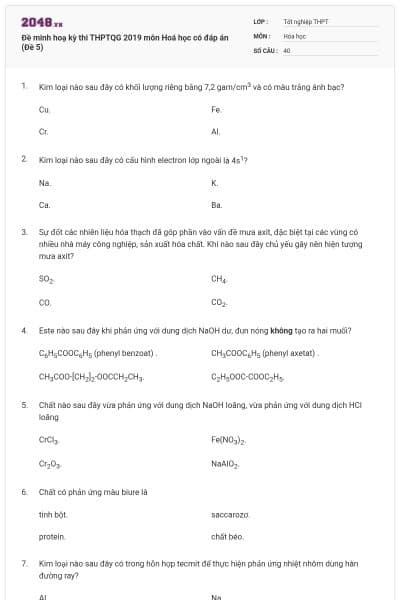 Đề minh hoạ kỳ thi THPTQG 2019 môn Hoá học có đáp án (Đề 5)