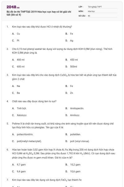 Bộ đề ôn thi THPTQG 2019 Hóa học cực hay có lời giải chi tiết (Đề số 4)
