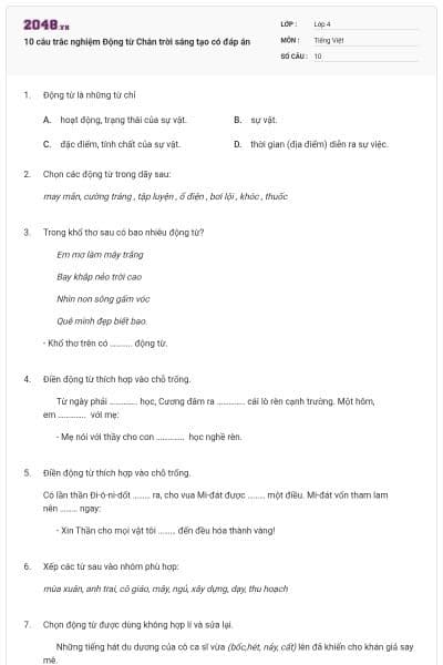 10 câu trắc nghiệm Động từ Chân trời sáng tạo có đáp án
