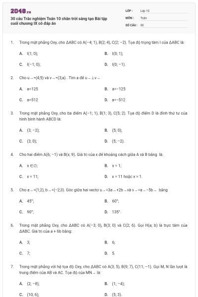 30 câu Trắc nghiệm Toán 10 chân trời sáng tạo Bài tập cuối chương IX có đáp án