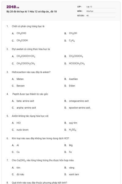 Bộ 20 đề thi học kì 1 Hóa 12 có đáp án_ đề 18