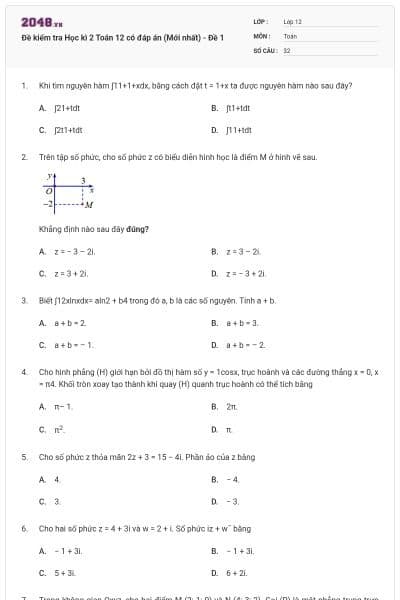 Đề kiểm tra Học kì 2 Toán 12 có đáp án (Mới nhất) - Đề 1