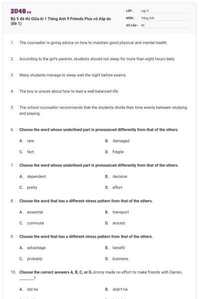 Bộ 5 đề thi Giữa kì 1 Tiếng Anh 9 Friends Plus có đáp án (Đề 1)