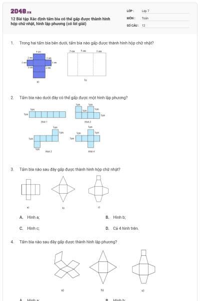 12 Bài tập Xác định tấm bìa có thể gấp được thành hình hộp chữ nhật, hình lập phương (có lời giải)