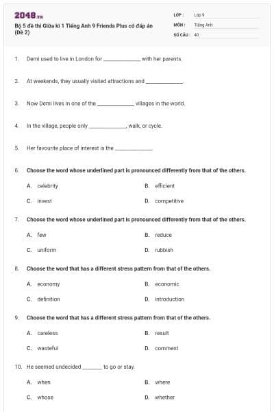 Bộ 5 đề thi Giữa kì 1 Tiếng Anh 9 Friends Plus có đáp án (Đề 2)