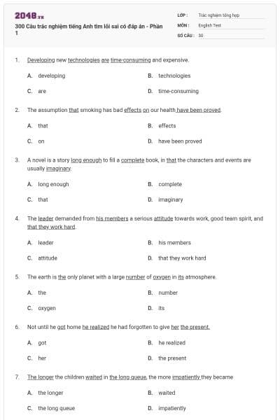 300 Câu trắc nghiệm tiếng Anh tìm lỗi sai có đáp án - Phần 1