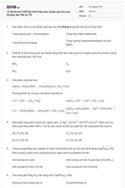 15 Đề thi thử THPTQG 2019 Hóa Học chuẩn cấu trúc của bộ giáo dục (Đề số 15)