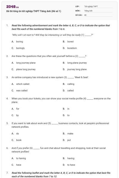 Đề thi tổng ôn tốt nghiệp THPT Tiếng Anh (Đề số 1)