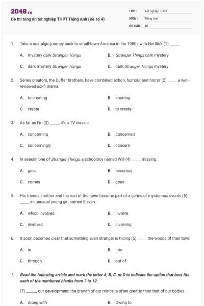Đề thi tổng ôn tốt nghiệp THPT Tiếng Anh (Đề số 4)