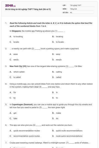 Đề thi tổng ôn tốt nghiệp THPT Tiếng Anh (Đề số 5)