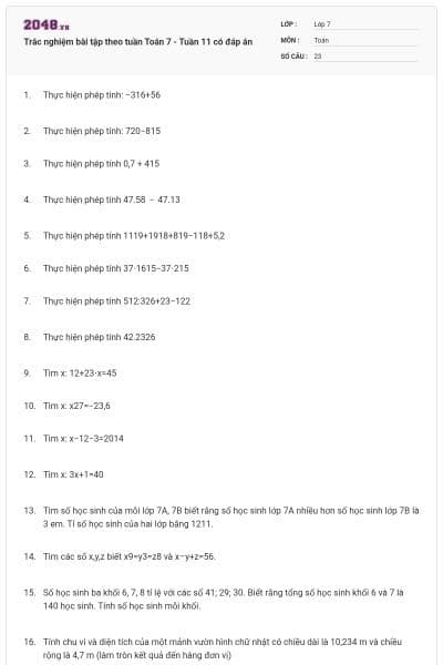 Trắc nghiệm bài tập theo tuần Toán 7 - Tuần 11 có đáp án