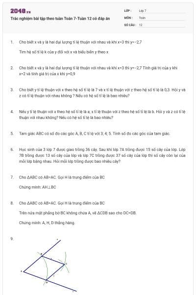 Trắc nghiệm bài tập theo tuần Toán 7-Tuần 12 có đáp án