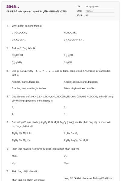 Đề thi thử Hóa học cực hay có lời giải chi tiết (đề số 18)