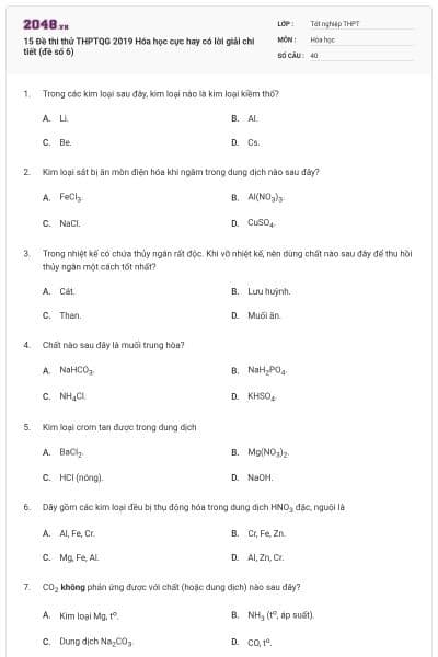 15 Đề thi thử THPTQG 2019 Hóa học cực hay có lời giải chi tiết (đề số 6)