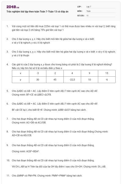 Trắc nghiệm bài tập theo tuần Toán 7-Tuần 13 có đáp án