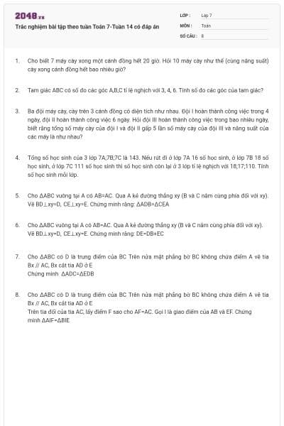 Trắc nghiệm bài tập theo tuần Toán 7-Tuần 14 có đáp án