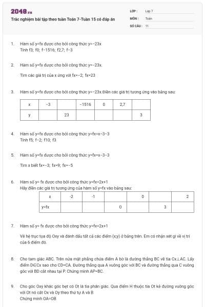 Trắc nghiệm bài tập theo tuần Toán 7-Tuần 15 có đáp án