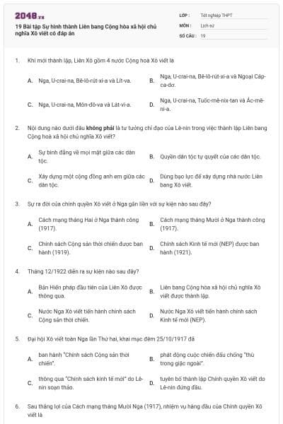 19 Bài tập Sự hình thành Liên bang Cộng hòa xã hội chủ nghĩa Xô viết có đáp án